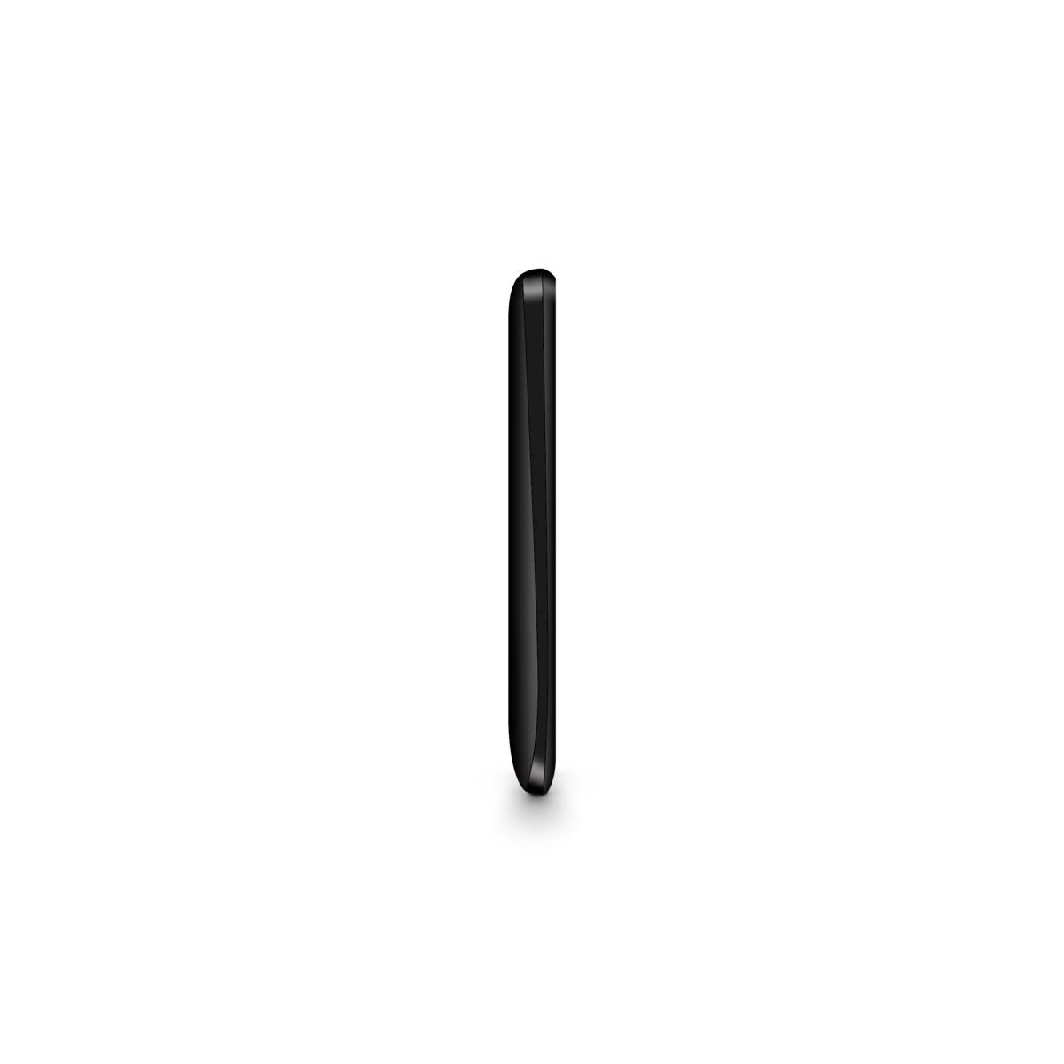 Ein schwarzes Smartphone im Profil auf weißem Hintergrund.