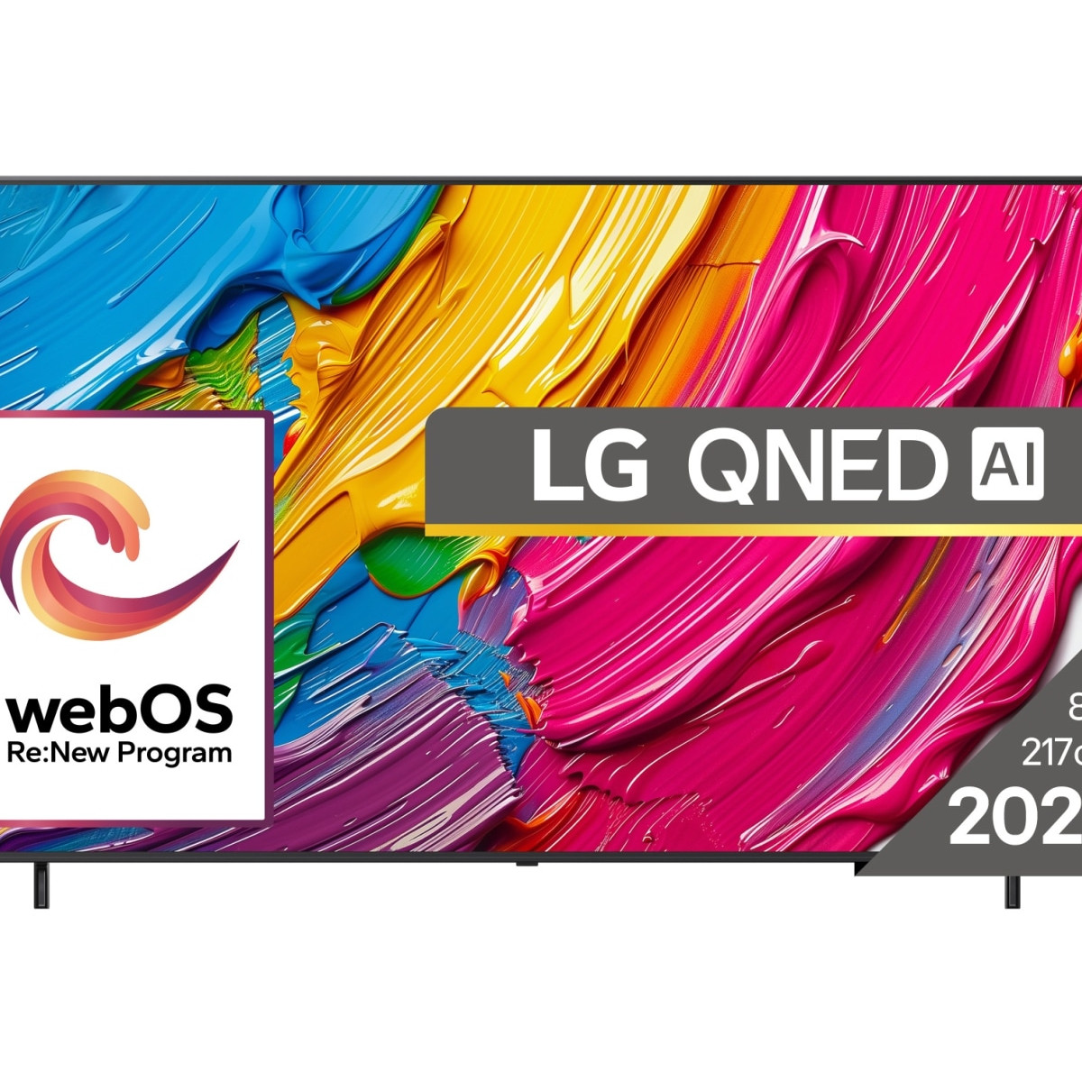TV LG QNED AI con sfondo astratto colorato e logo WebOS.