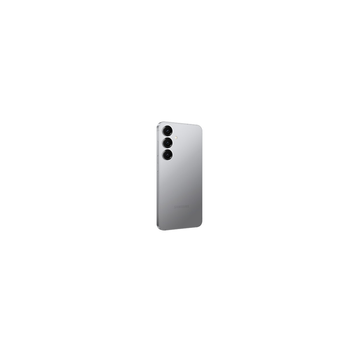 Uno smartphone Samsung argentato con tre fotocamere sul retro.