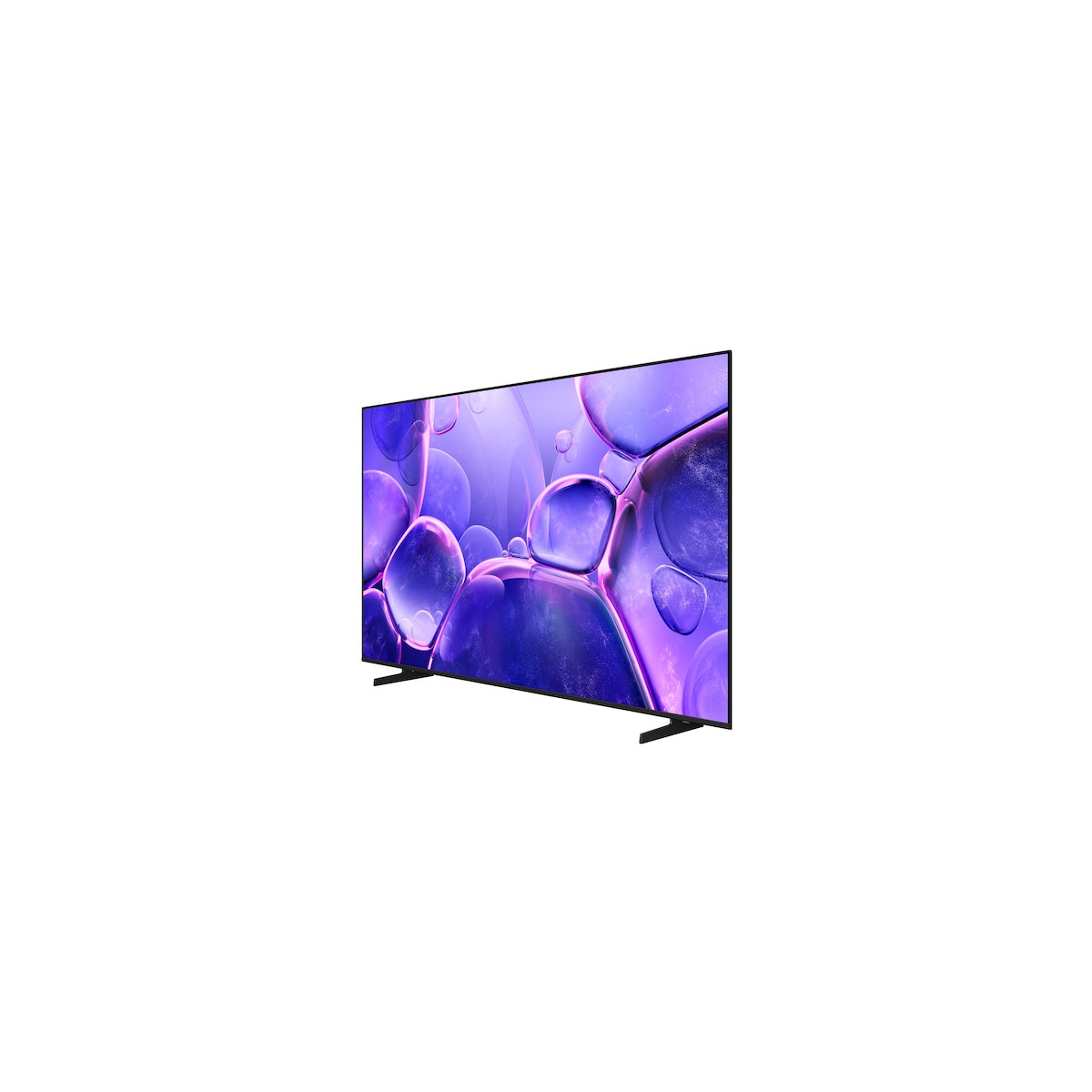 A modern television displaying a purple bubble pattern on its screen, set on a black stand.