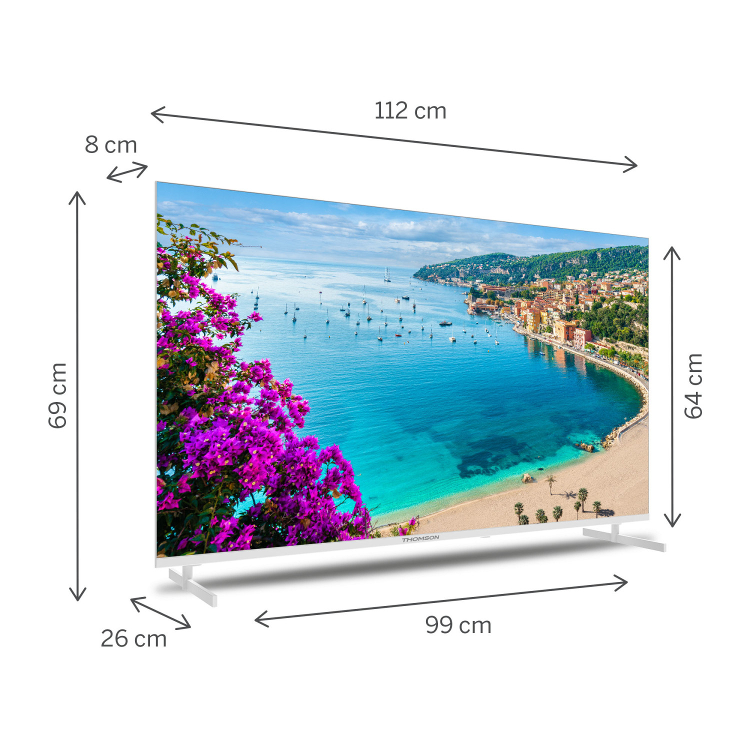 Un televisore bianco mostra un paesaggio costiero. Dimensioni indicate.