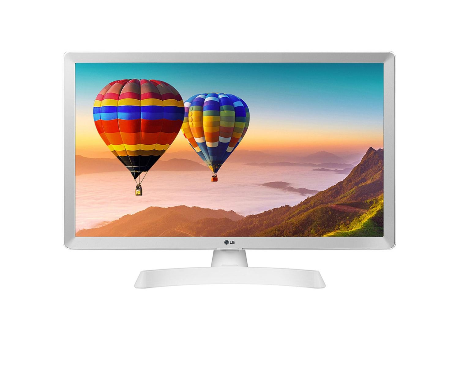 Un monitor LG bianco mostra due mongolfiere colorate su un paesaggio montuoso.