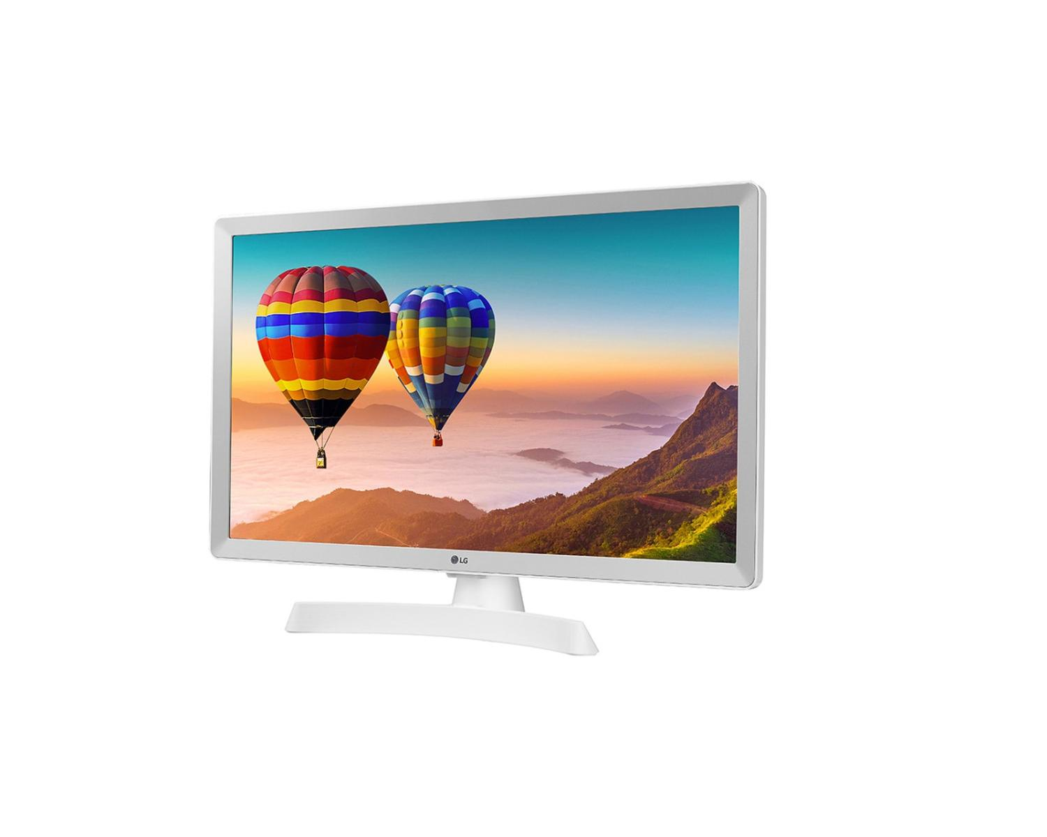Monitor LG bianco mostra due mongolfiere colorate sopra le montagne.