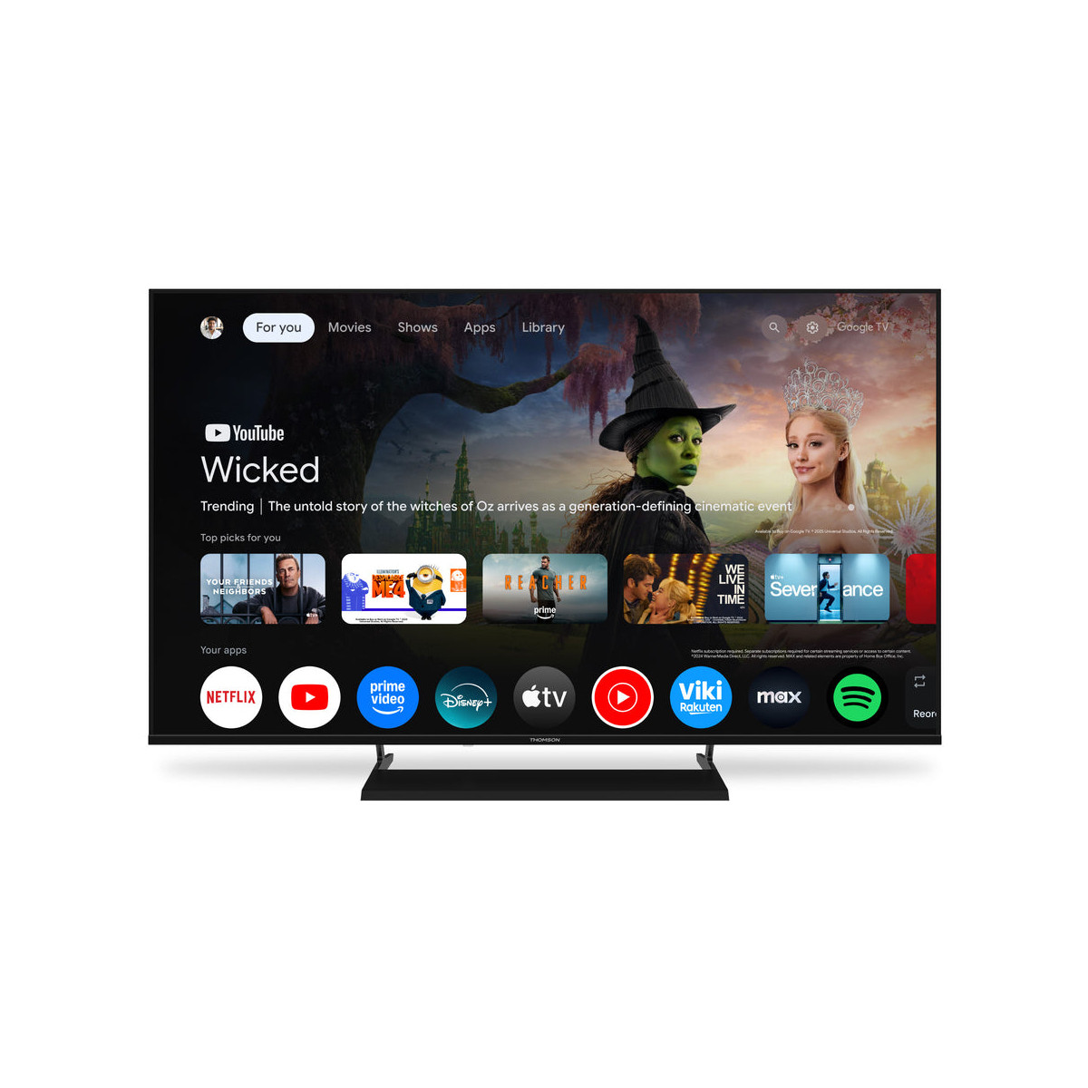 Una TV Thomson mostra un'interfaccia Google TV con app come Netflix, YouTube e Disney+.