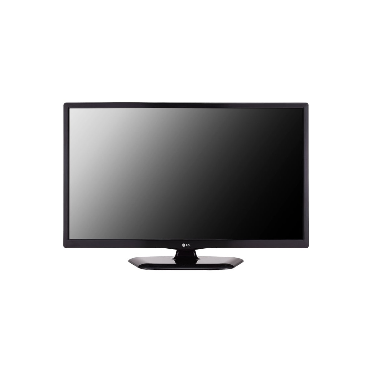 Una TV LG a schermo piatto nera con supporto argento è mostrata su sfondo bianco.