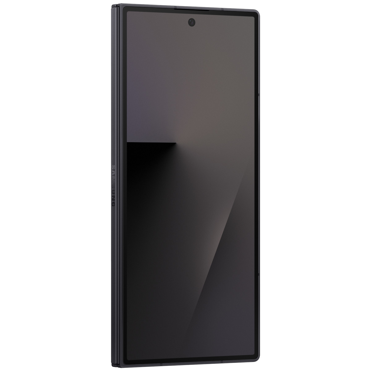 Uno smartphone scuro con il logo Samsung sul lato, su sfondo bianco.