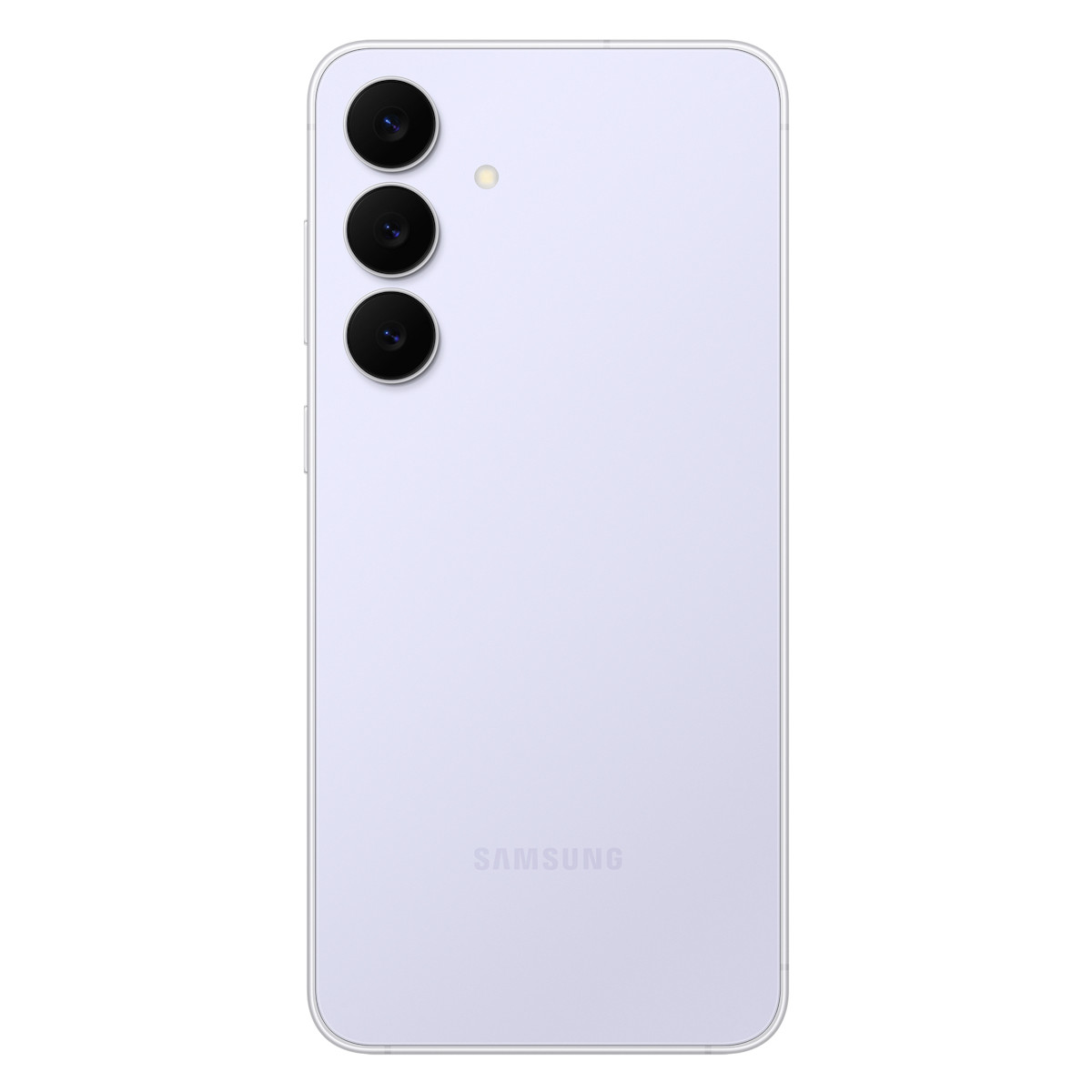 Ein hellviolettes Samsung-Smartphone mit drei Kameras auf der Rückseite.