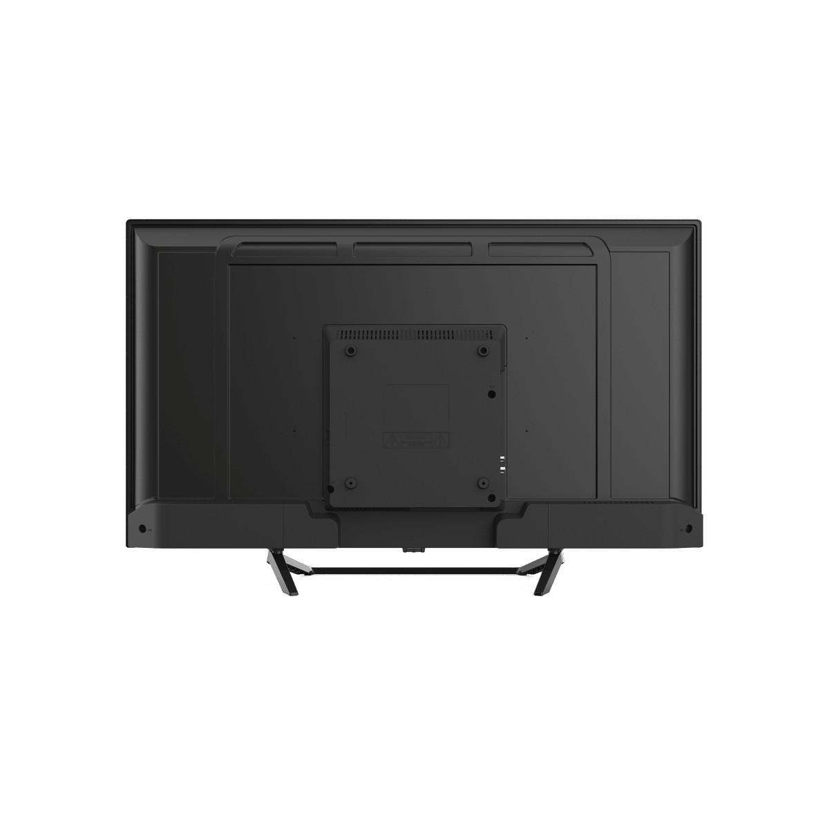 Vista trasera de un televisor negro con soporte, mostrando puertos.