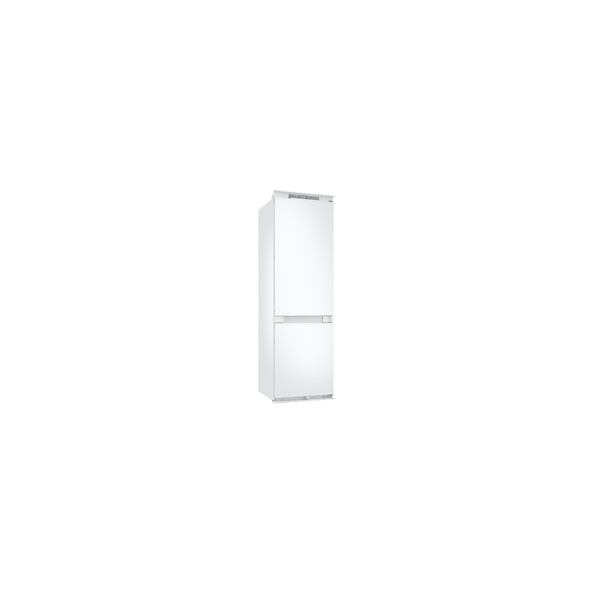 Un frigorifero bianco a due porte su sfondo bianco.