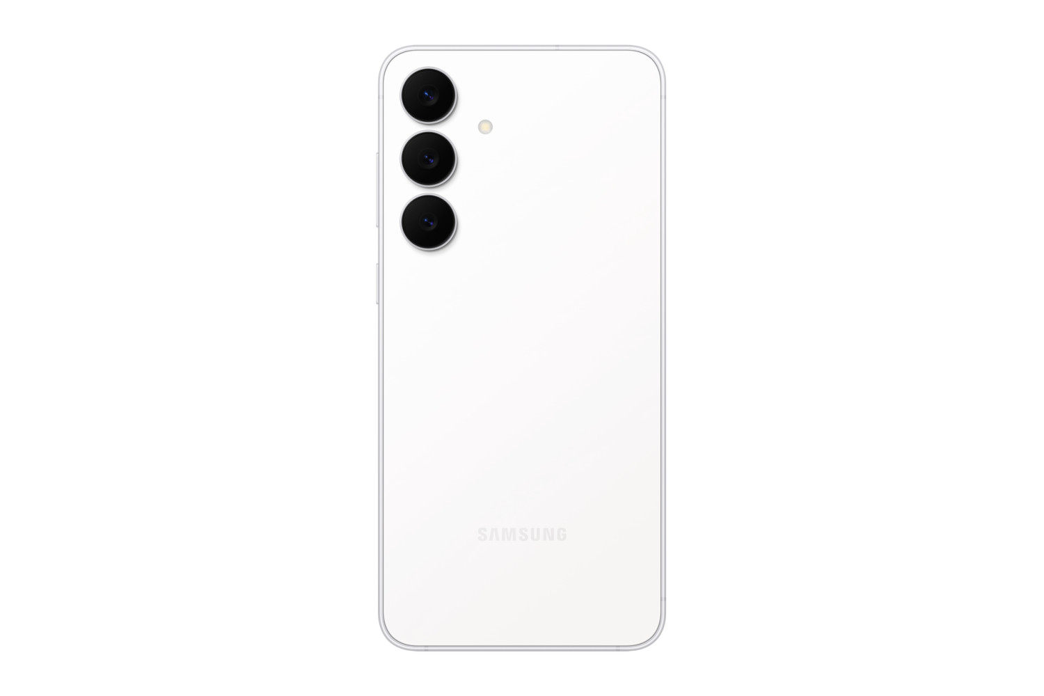 Weiße Rückseite eines Smartphones mit drei Kameras und Samsung-Logo.