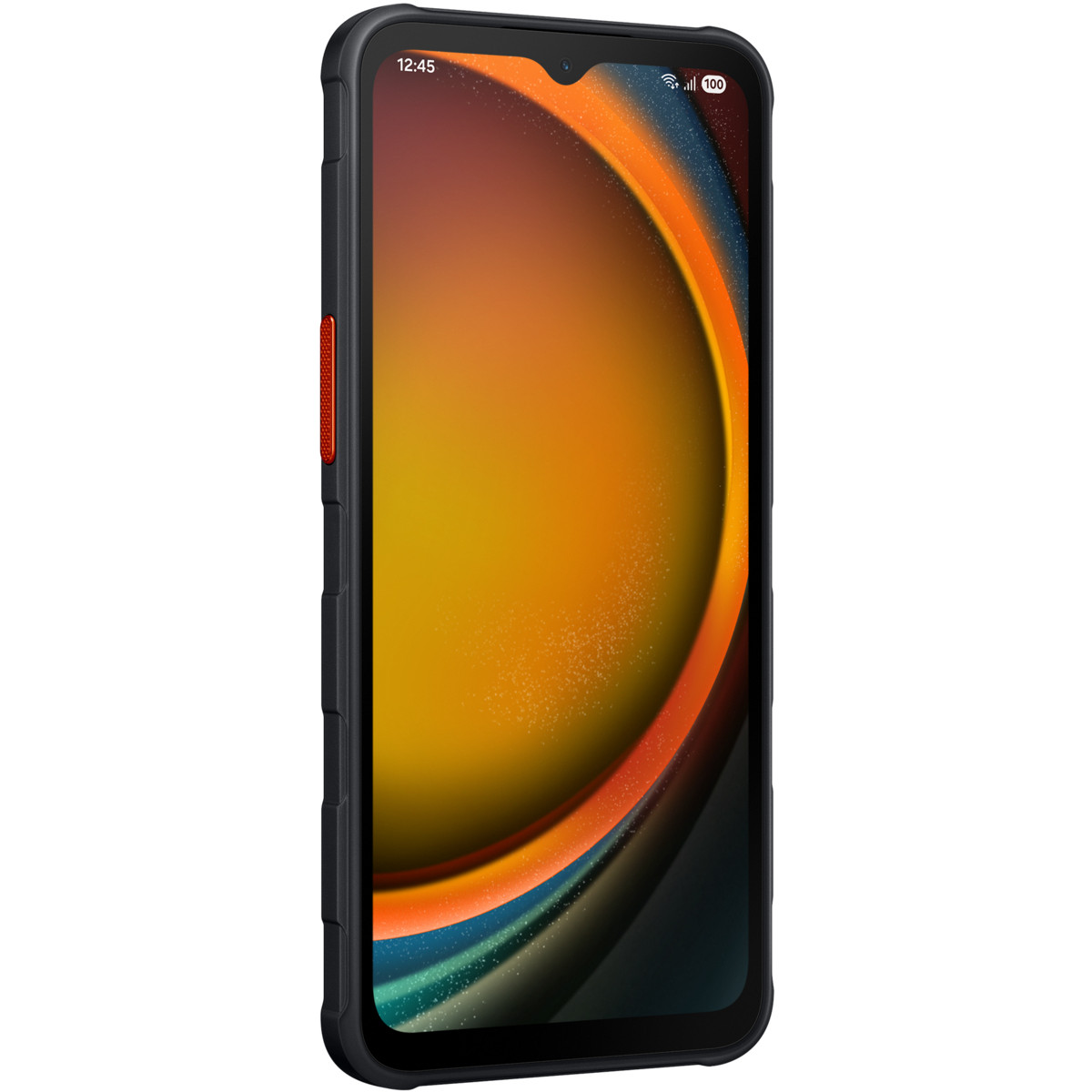 Ein schwarzes Smartphone mit einem orangen und gelben Hintergrundbild.