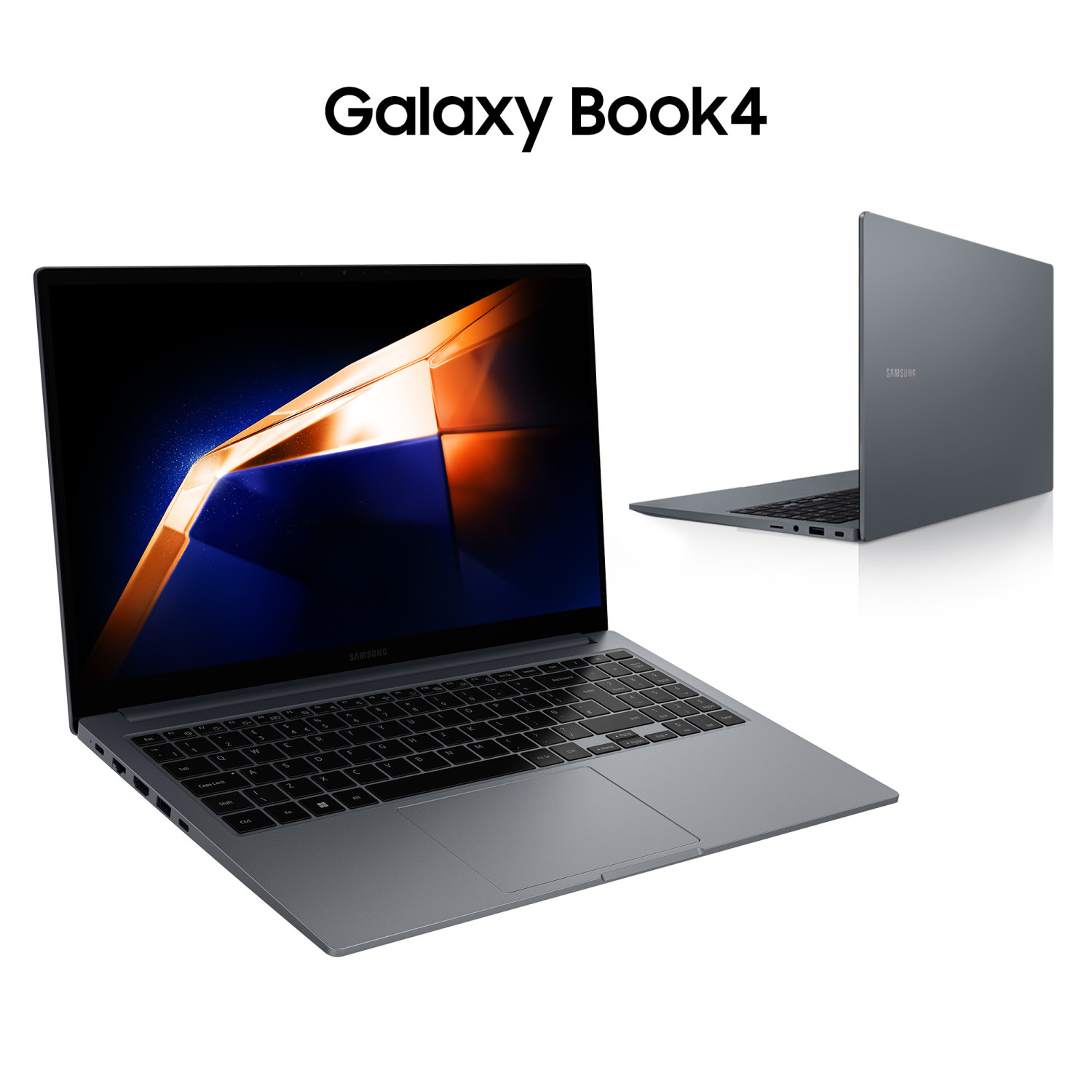 Ordinateur portable Samsung Galaxy Book4 gris avec clavier et écran. Un second ordinateur est au fond.