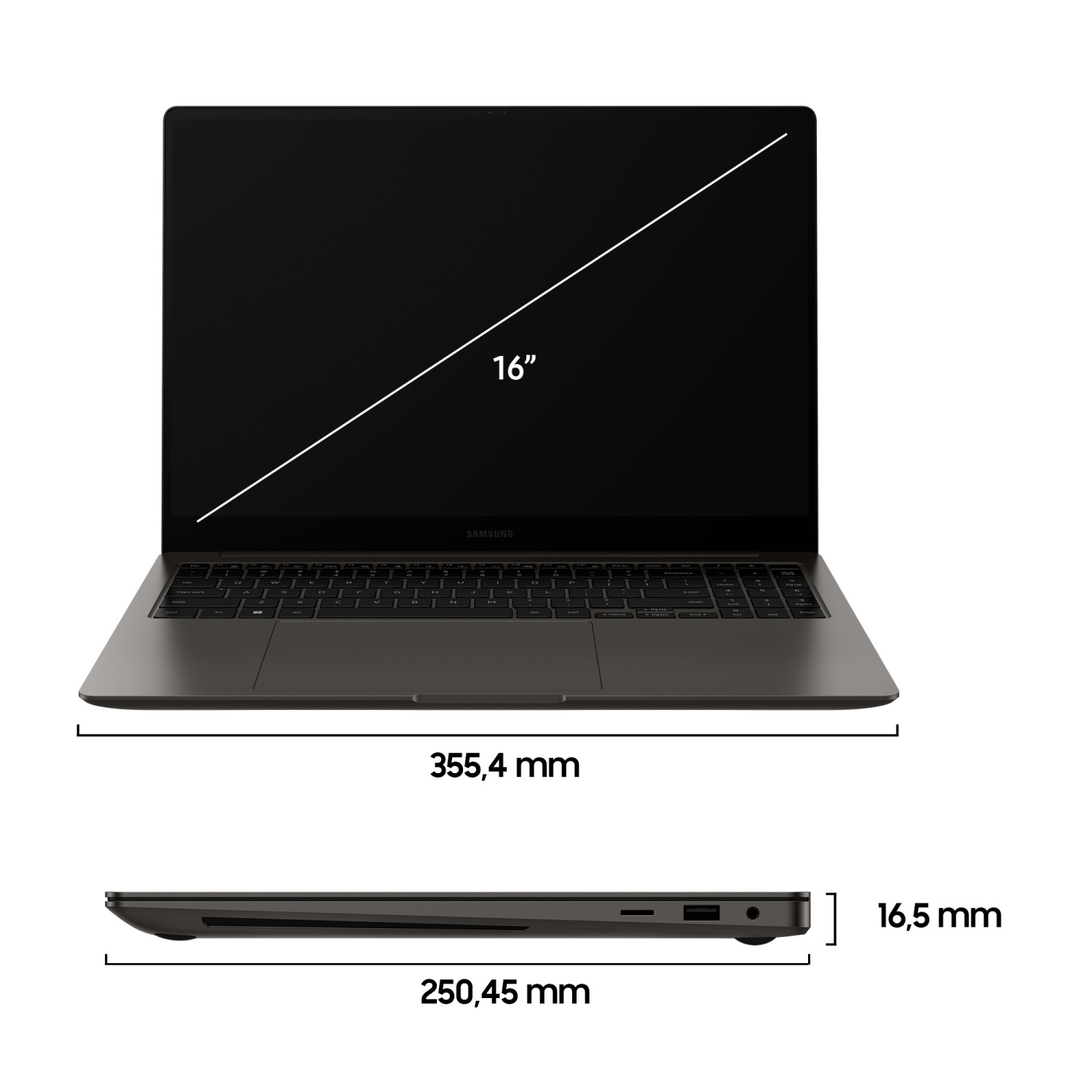 Un laptop Samsung grigio scuro, schermo da 16 pollici, larghezza 355,4 mm, profondità 250,45 mm, altezza 16,5 mm.