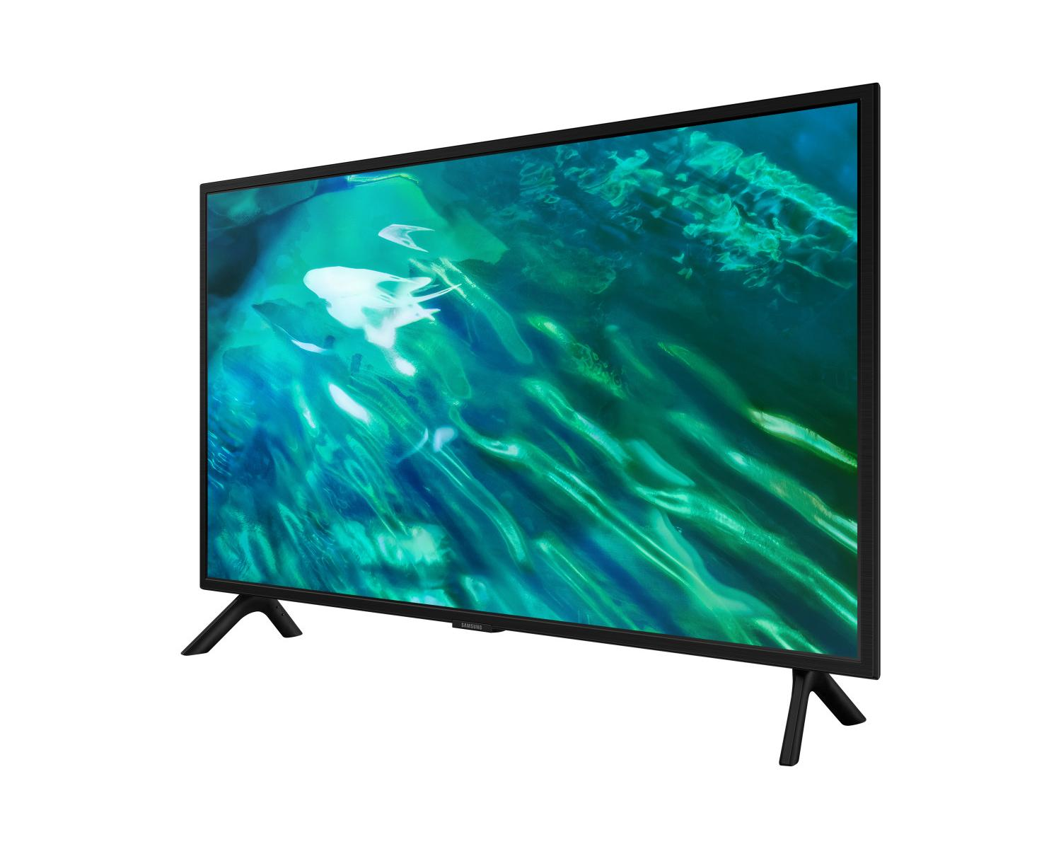 Un téléviseur noir à écran plat avec une image abstraite vert et bleu vibrante.