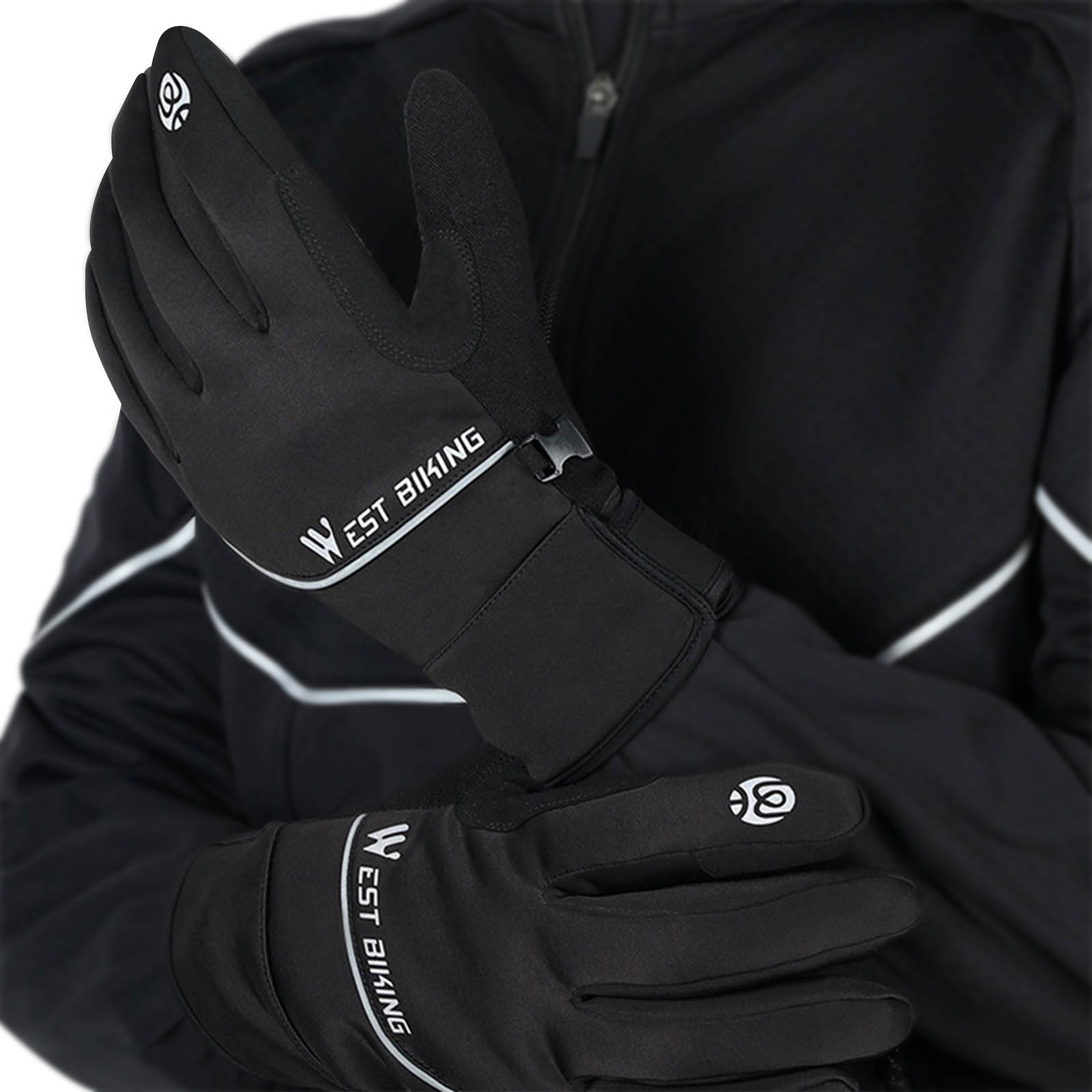 Guanti da ciclismo neri con logo bianco e zip della giacca.