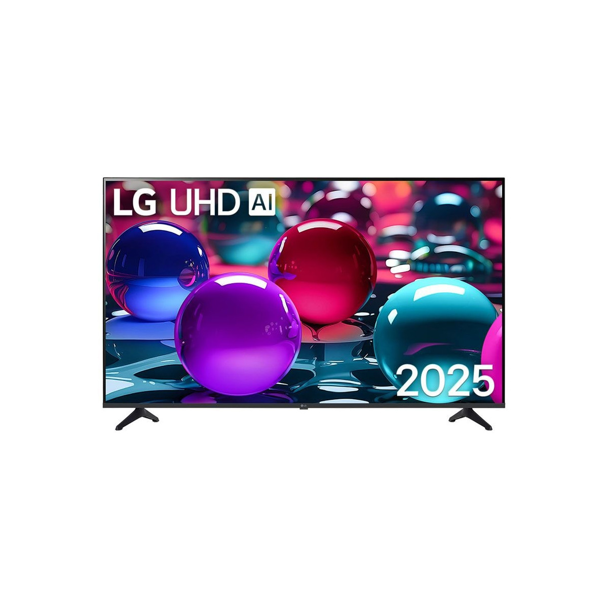 LG UHD AI Fernseher zeigt bunte Kugeln und 2025 an.