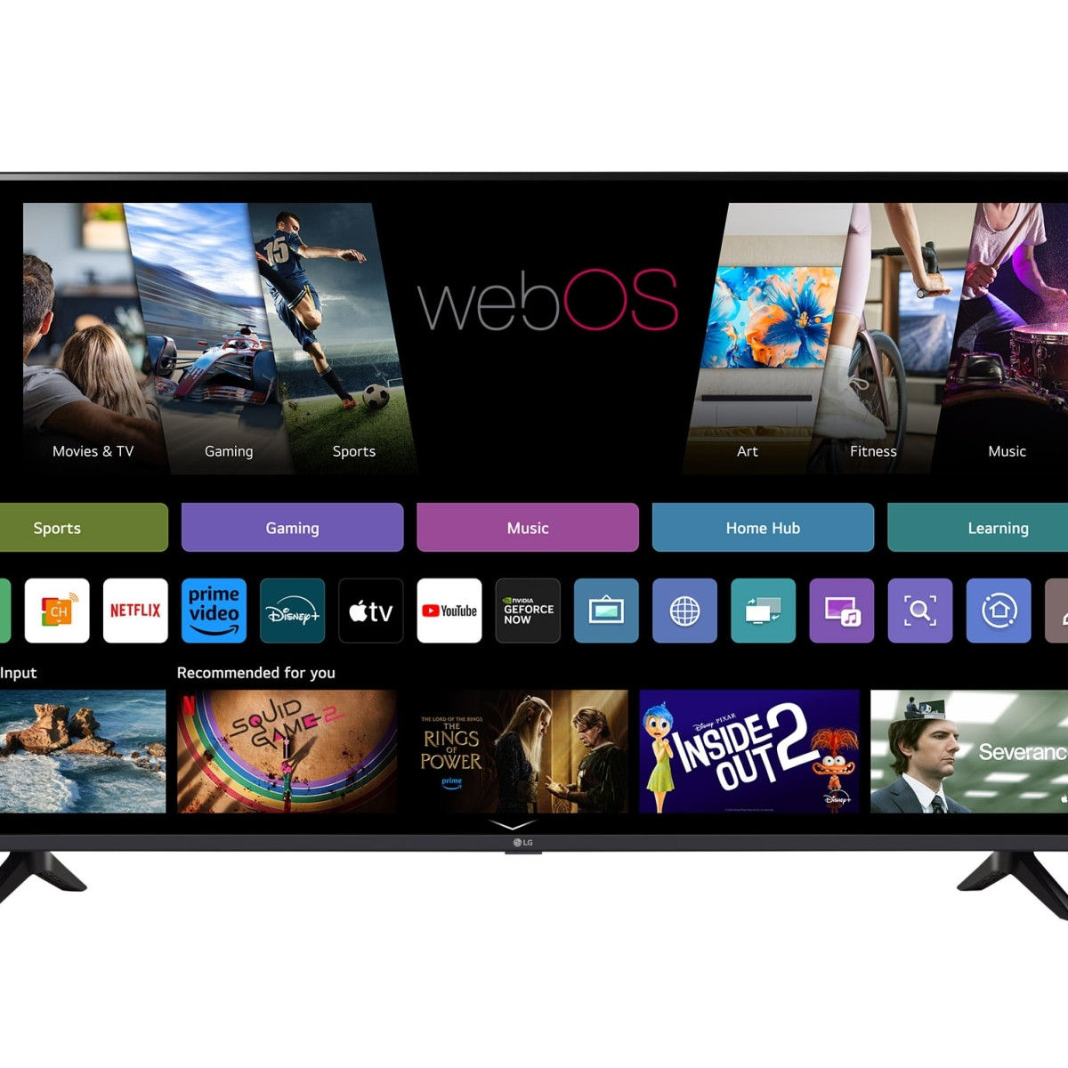 Telewizor LG wyświetla menu webOS z opcjami Filmy, Sport i Muzyka.
