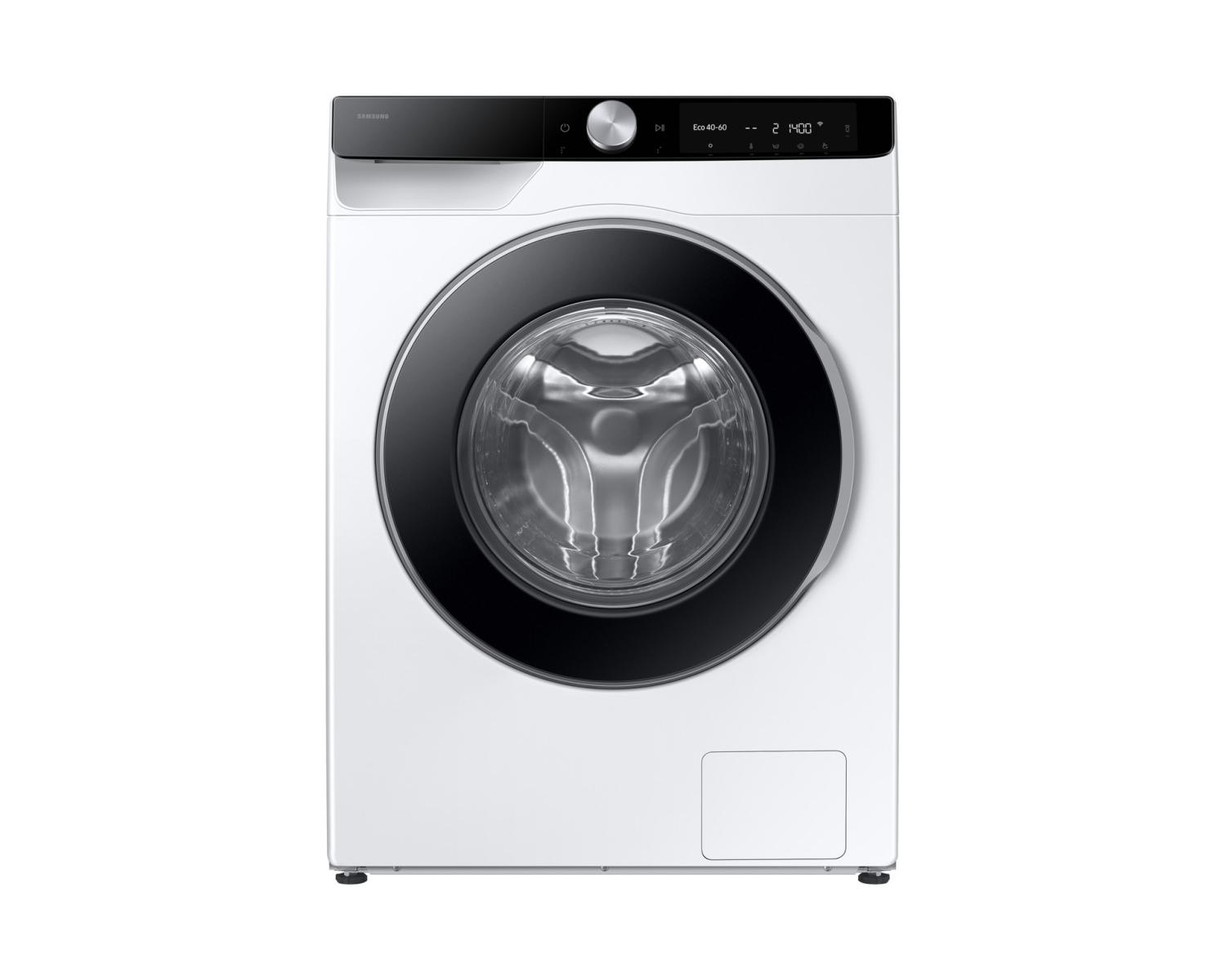 Una lavadora Samsung blanca con puerta negra y panel de control digital.