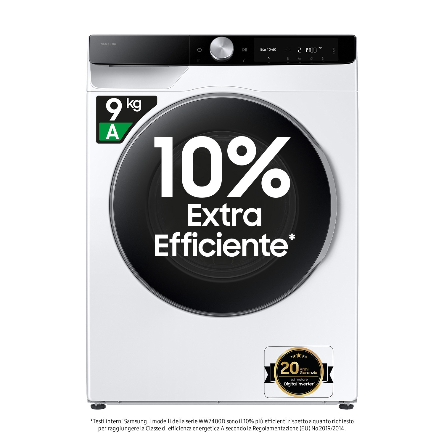 Lavadora Samsung blanca de 9 kg con etiqueta "10% Extra Eficiente".