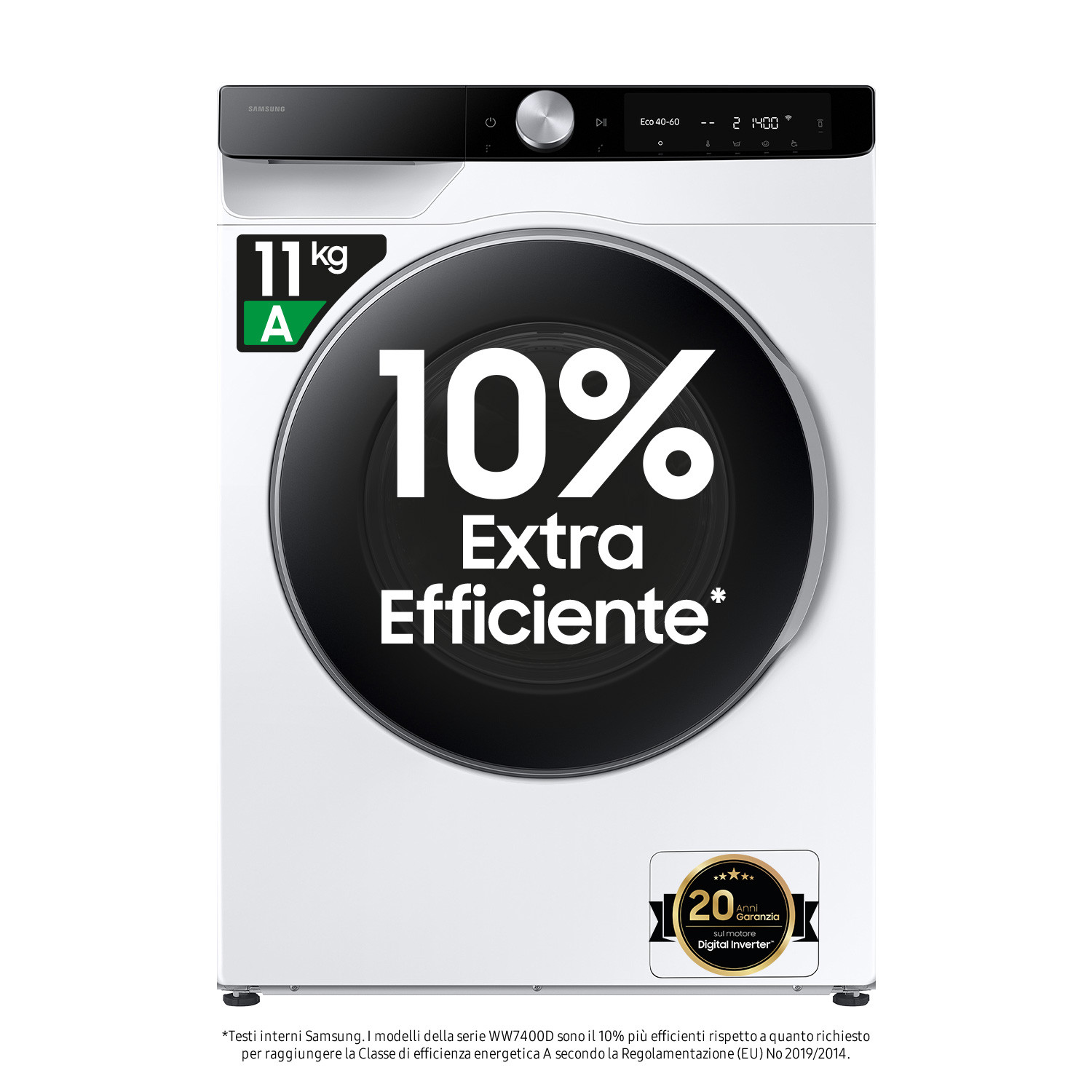 Lavadora Samsung blanca, capacidad 11kg, clase de eficiencia energética A.