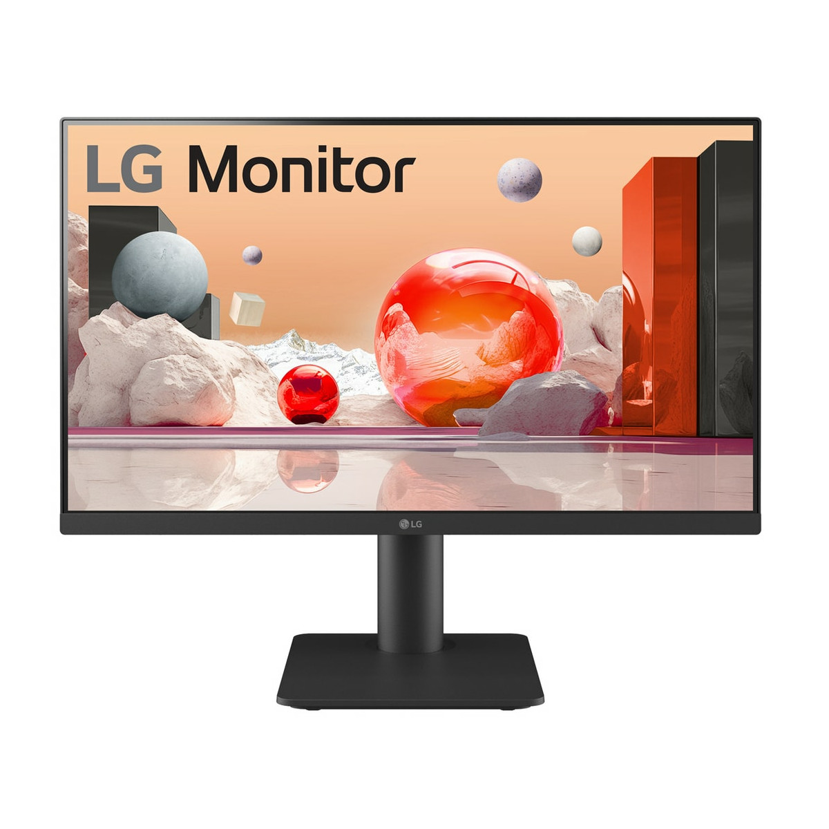 Monitor LG con grafica astratta: sfere rosse e grigie, rocce, cubi.