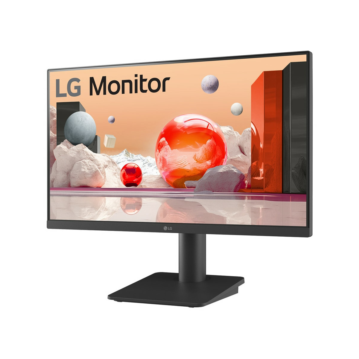 Un monitor LG che mostra arte astratta con sfere rosse e grigie.