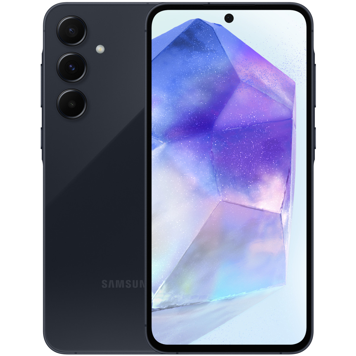 Smartphone grigio scuro con tre fotocamere posteriori e uno sfondo di cristallo sullo schermo.