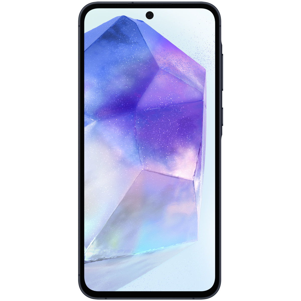 Uno smartphone mostra uno sfondo astratto di cristallo viola e blu.
