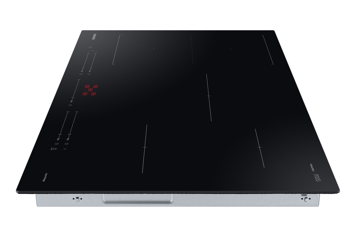 Black induction cooktop with four cooking zones and touch controls.
