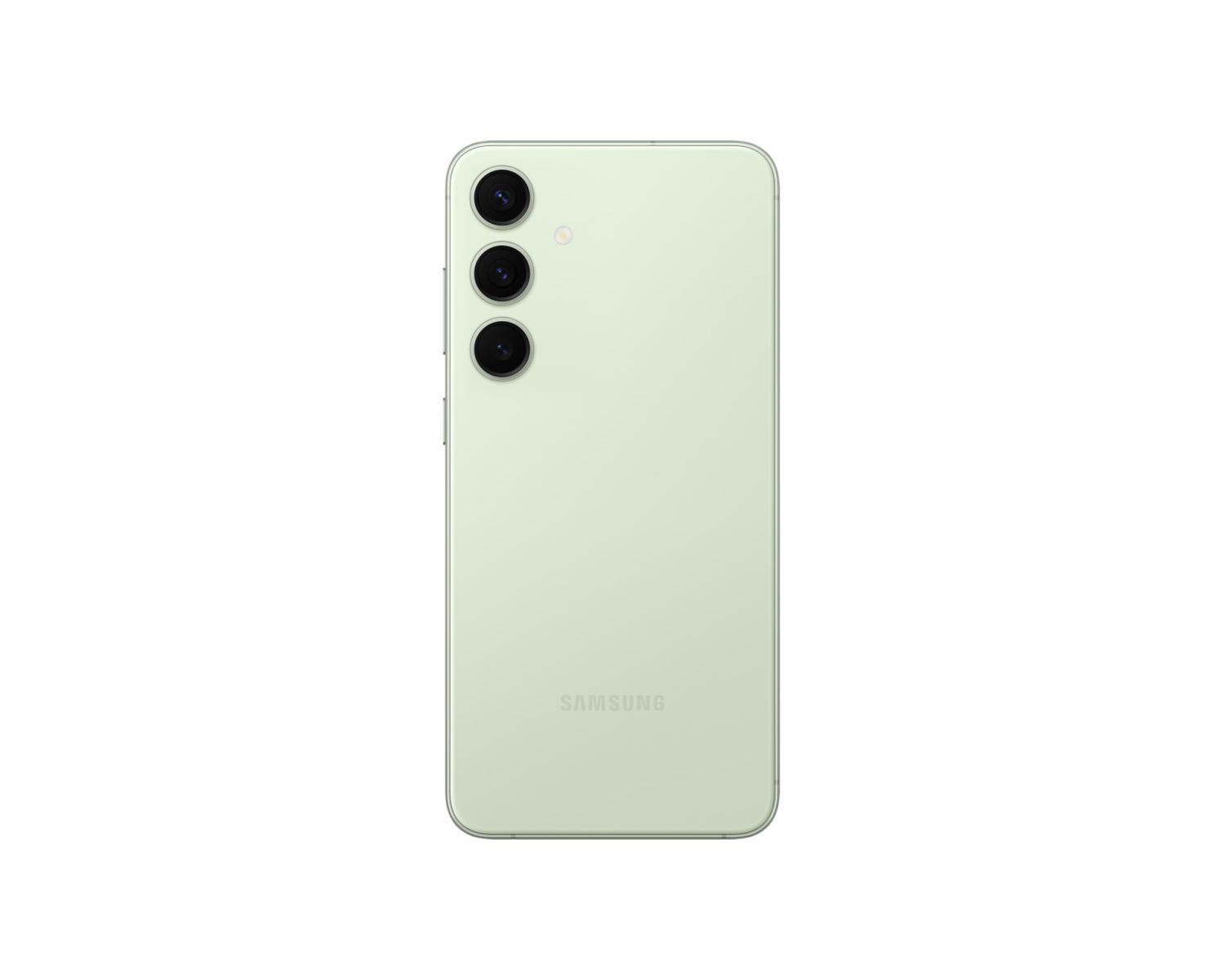 Rückseite eines hellgrünen Samsung-Smartphones mit drei Kameralinsen und dem Logo.