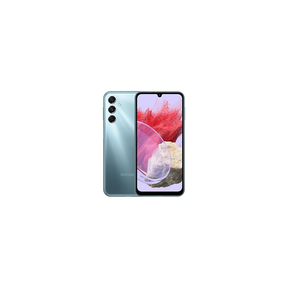 Ein hellblaues Samsung Smartphone mit drei Rückkameras wird gezeigt.