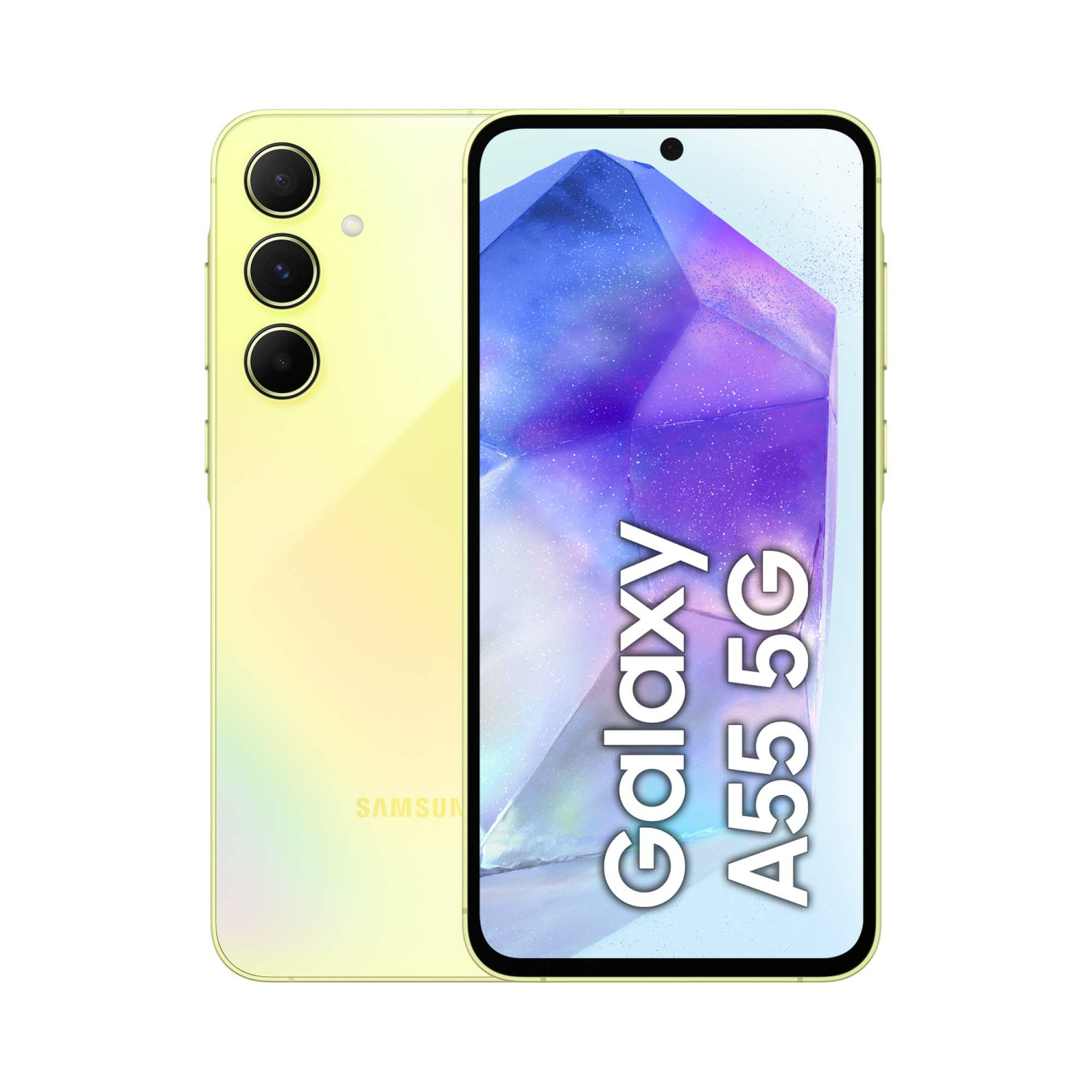 Ein gelbes Samsung Galaxy A55 5G Smartphone mit drei Kameras auf der Rückseite.