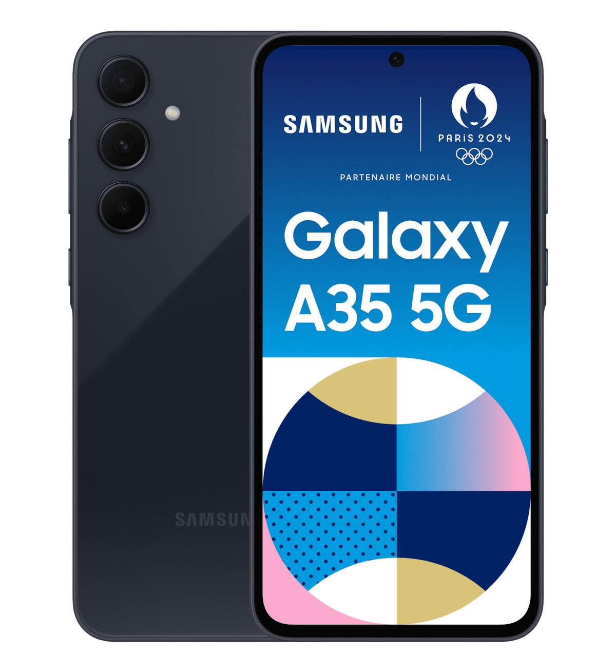 Schwarzes Samsung Galaxy A35 5G mit Paris 2024 Logo auf dem Bildschirm.