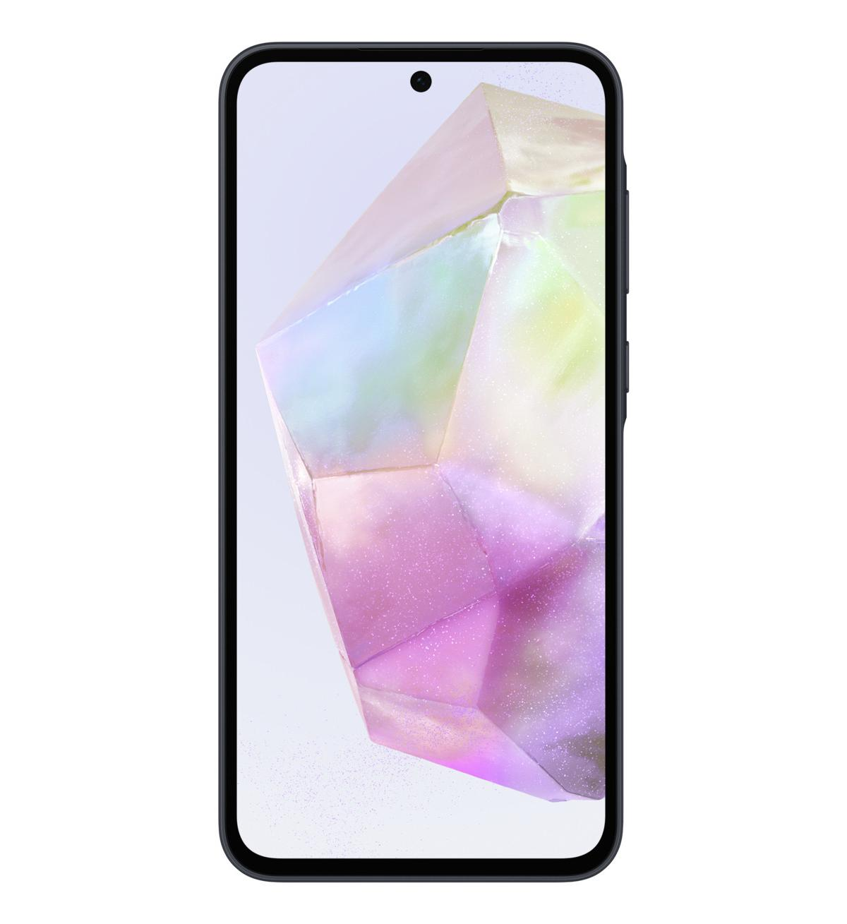 Ein Smartphone mit einem bunten Kristall-Hintergrundbild und einer Frontkamera.