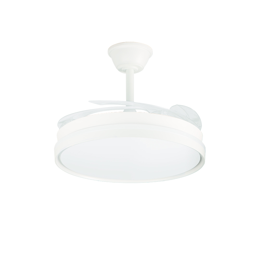 Un moderno ventilador de techo blanco con aspas retráctiles y luz LED integrada.