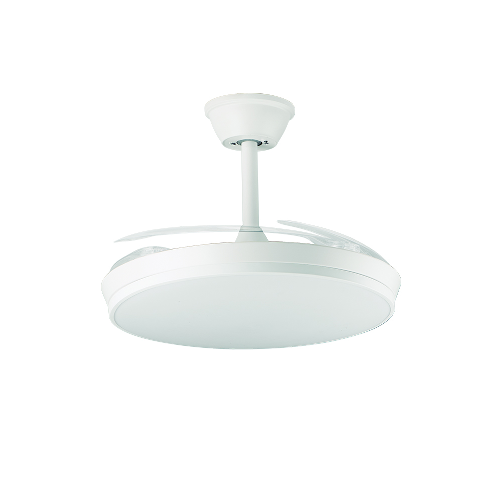 Una lámpara de ventilador de techo blanca con aspas retráctiles y luz integrada.