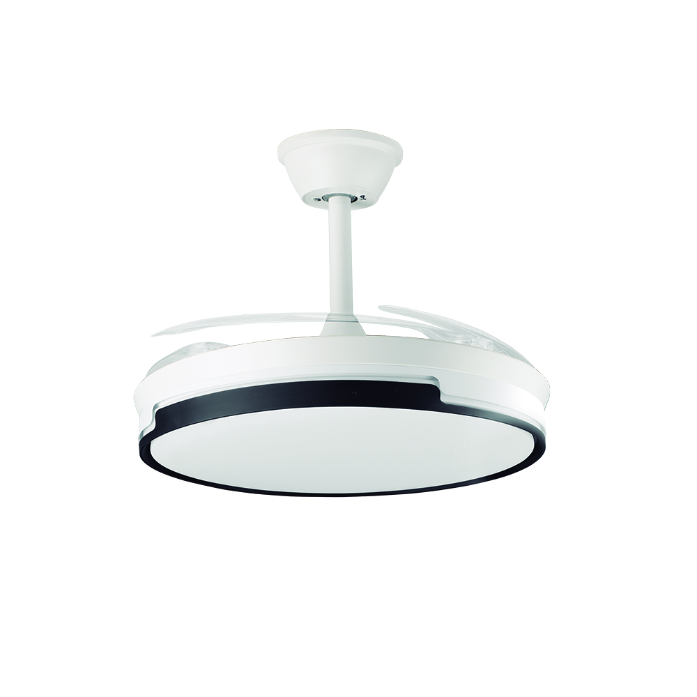 Un ventilador de techo blanco con aspas retráctiles y luz integrada, sobre fondo blanco.