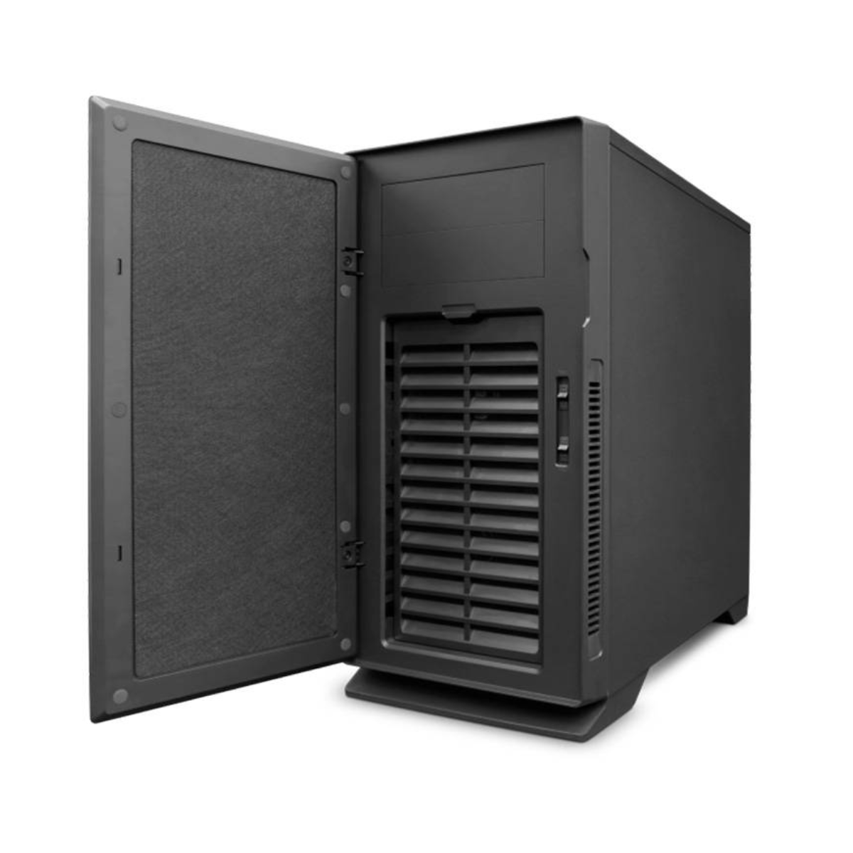 Un case del computer nero con la porta anteriore aperta, che mostra le prese d'aria.