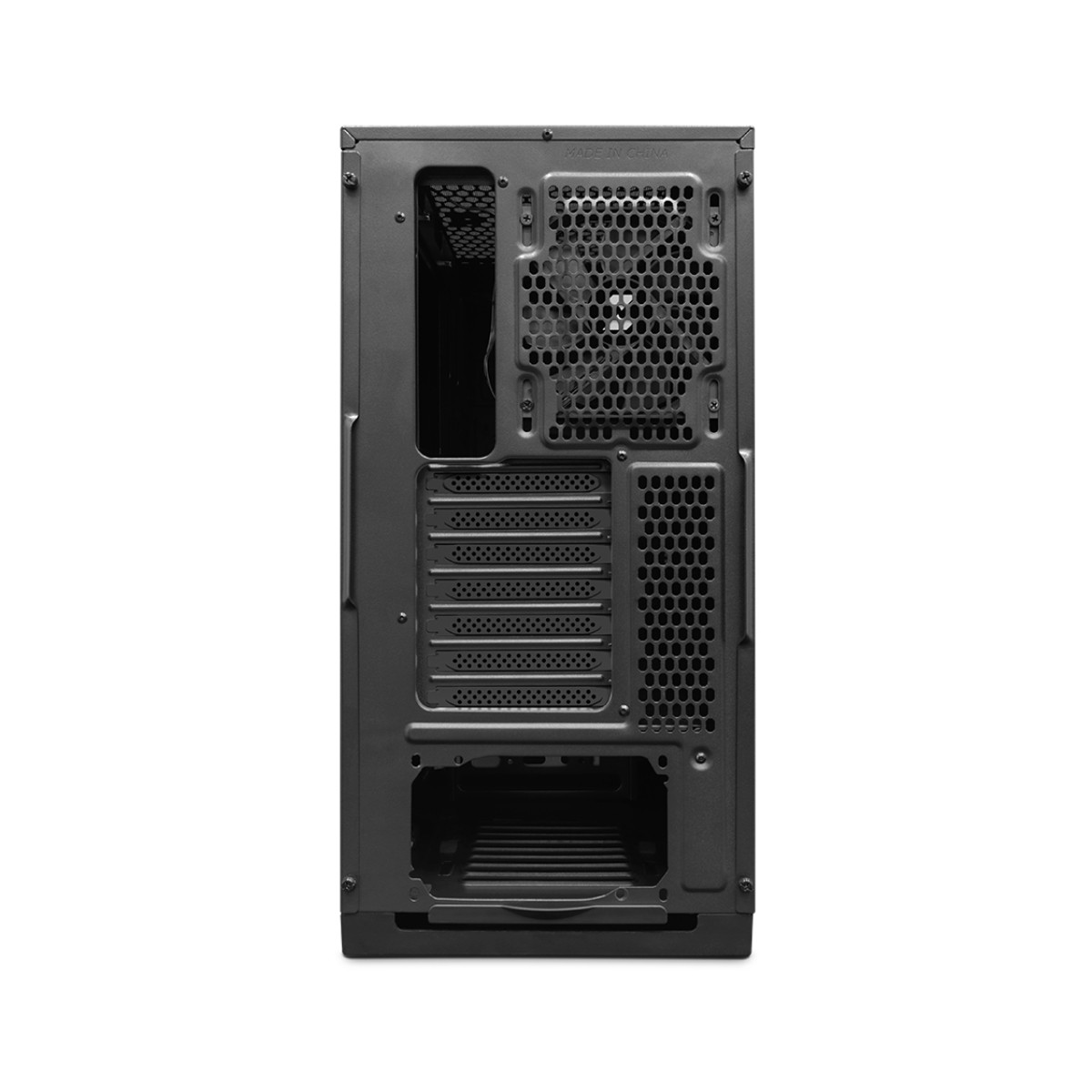 Vista posteriore di un case PC nero con griglia ventola e slot di espansione.