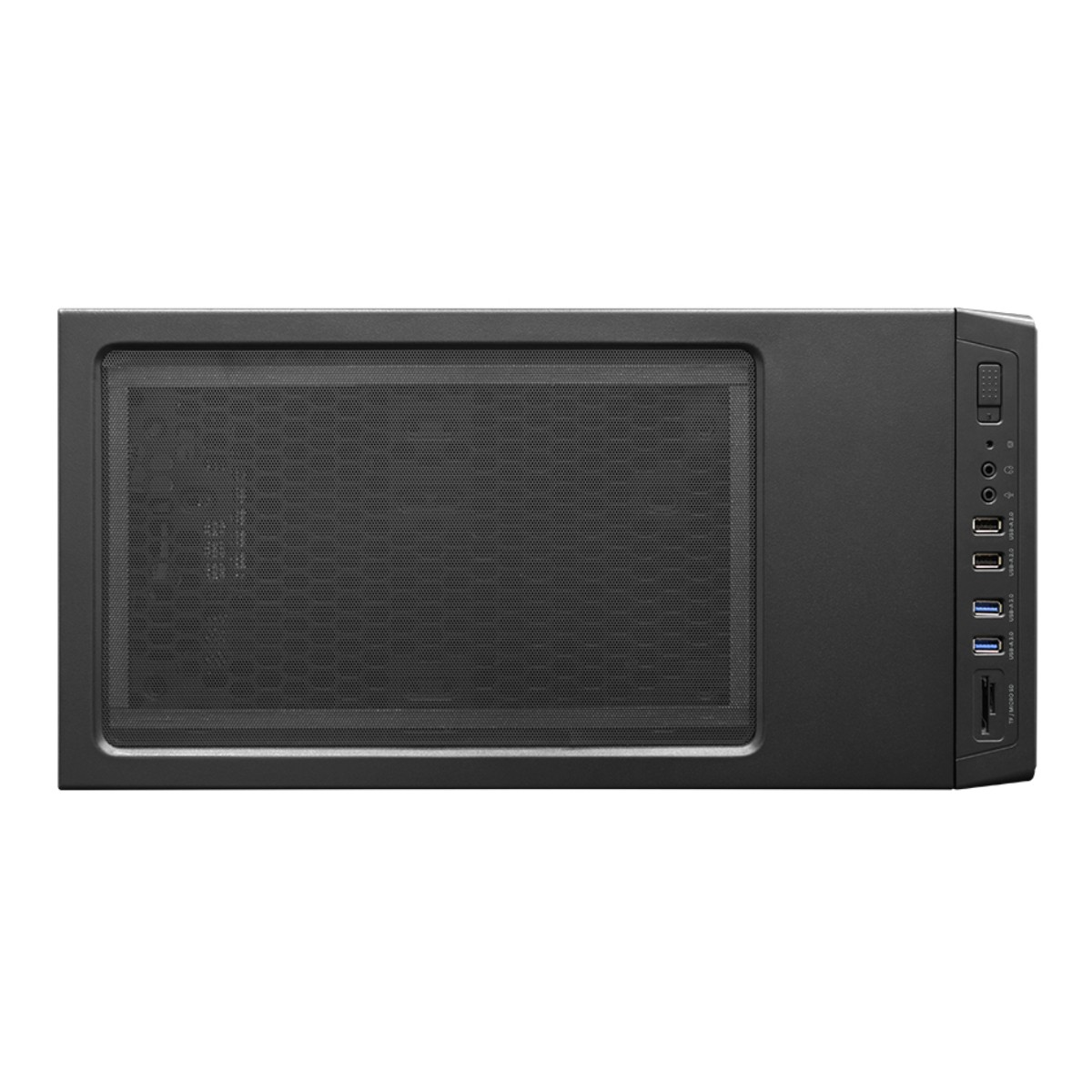 Case per computer nero con frontale in mesh e porte laterali.