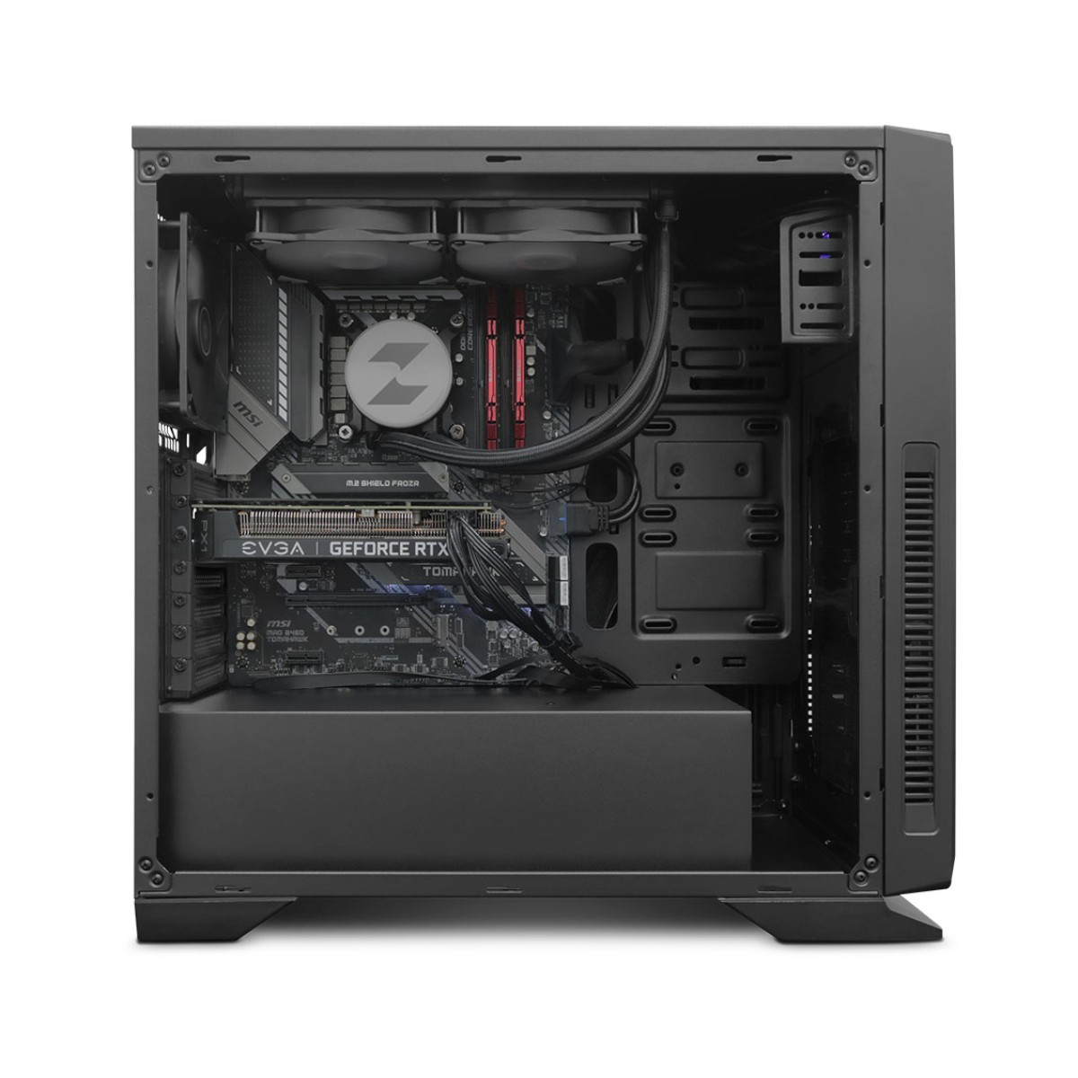 Un case PC aperto che mostra componenti interni: GPU, ventole e cavi.