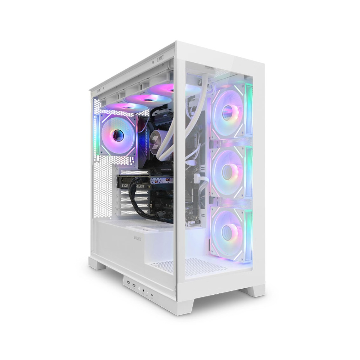 Case PC bianco con ventole RGB, pannello laterale trasparente mostra GPU e scheda madre.
