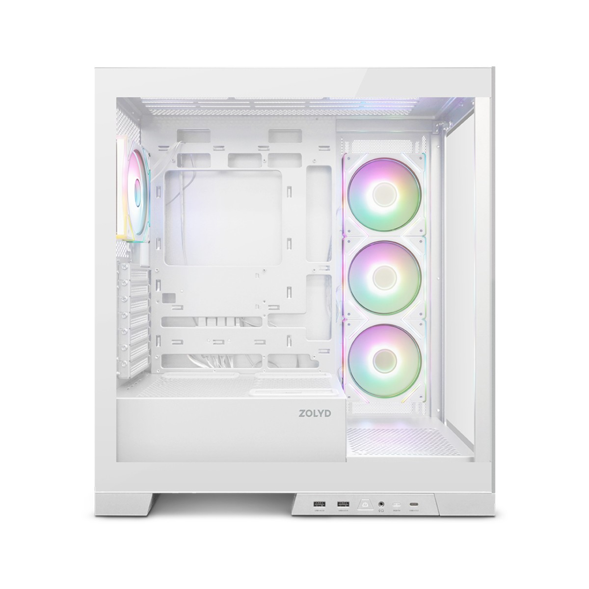 Interno case PC bianco con ventole RGB e logo ZOLYD sulla copertura PSU.