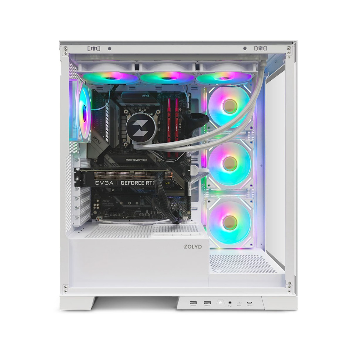 Case PC bianco con ventole RGB, scheda grafica e scheda madre visibili.