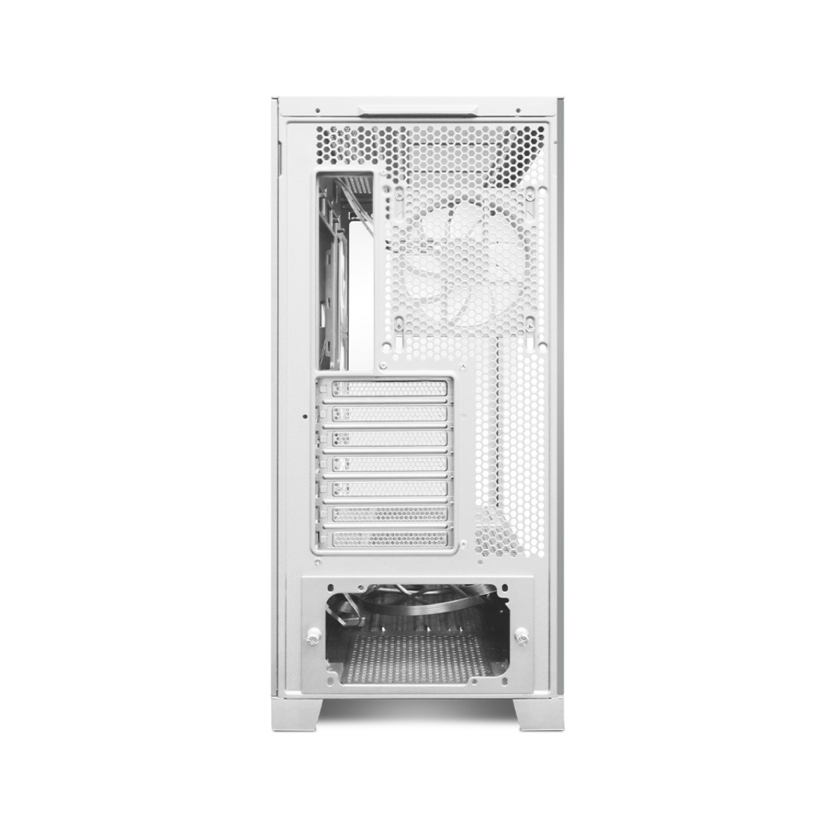 Vista posteriore di un case PC bianco con ventola, slot di espansione e supporto.