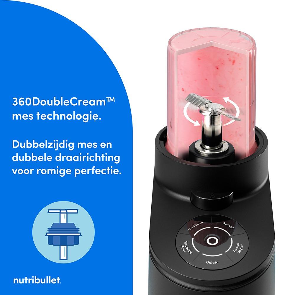 A black Nutribullet blender with a glass full of pink smoothie and spinning blades.
