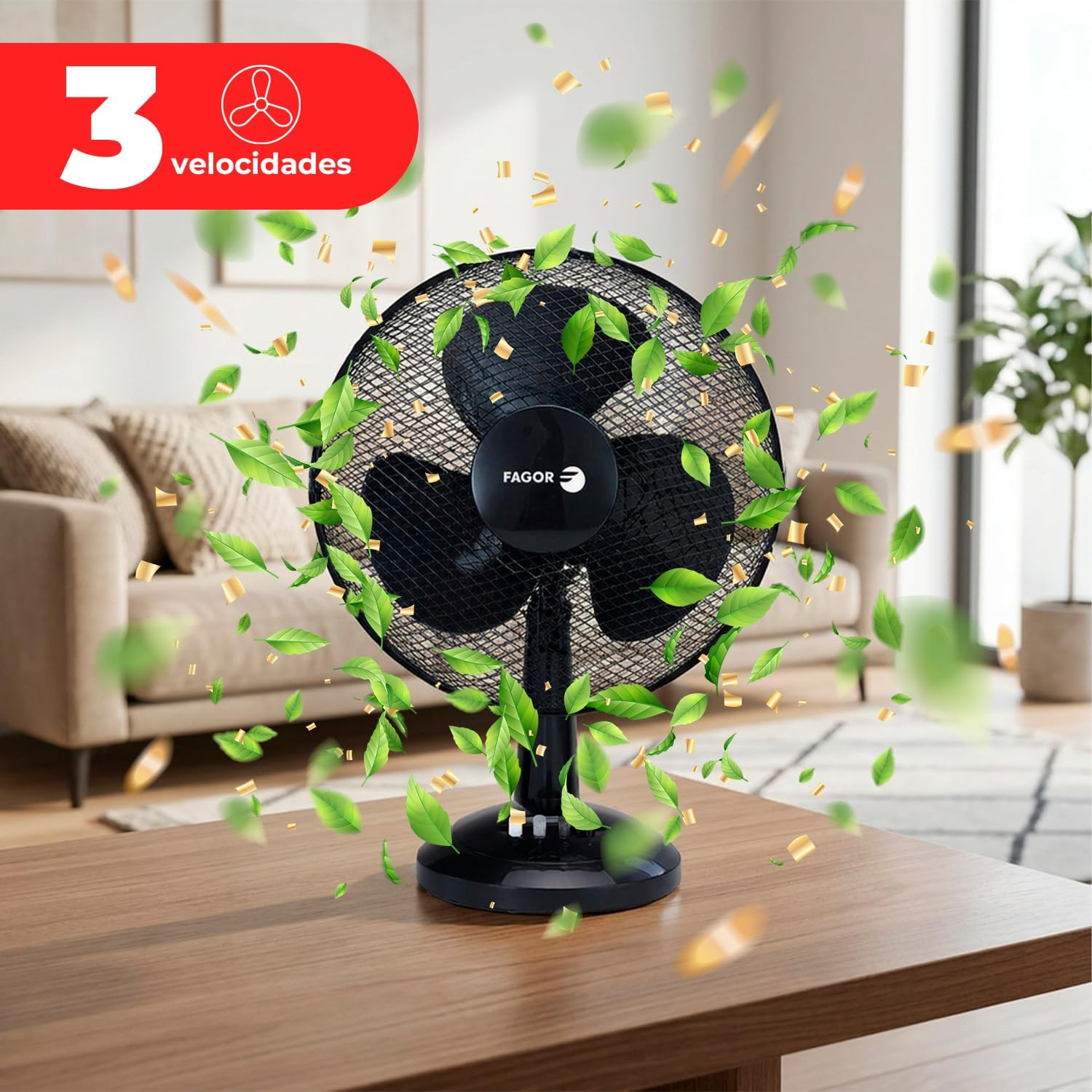 Un ventilador negro sobre una mesa de madera, con hojas y confeti en el aire.