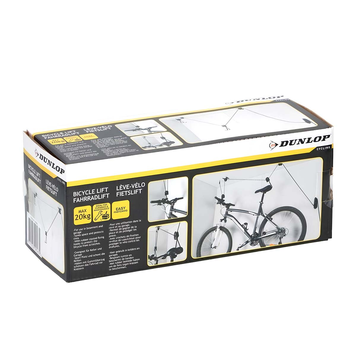 Confezione di sollevatore per biciclette Dunlop con bicicletta appesa e montaggio.