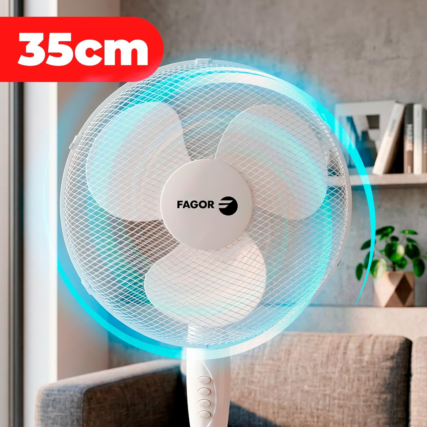 Un ventilador de pie blanco de 35cm con anillo de luz azul y logo Fagor.