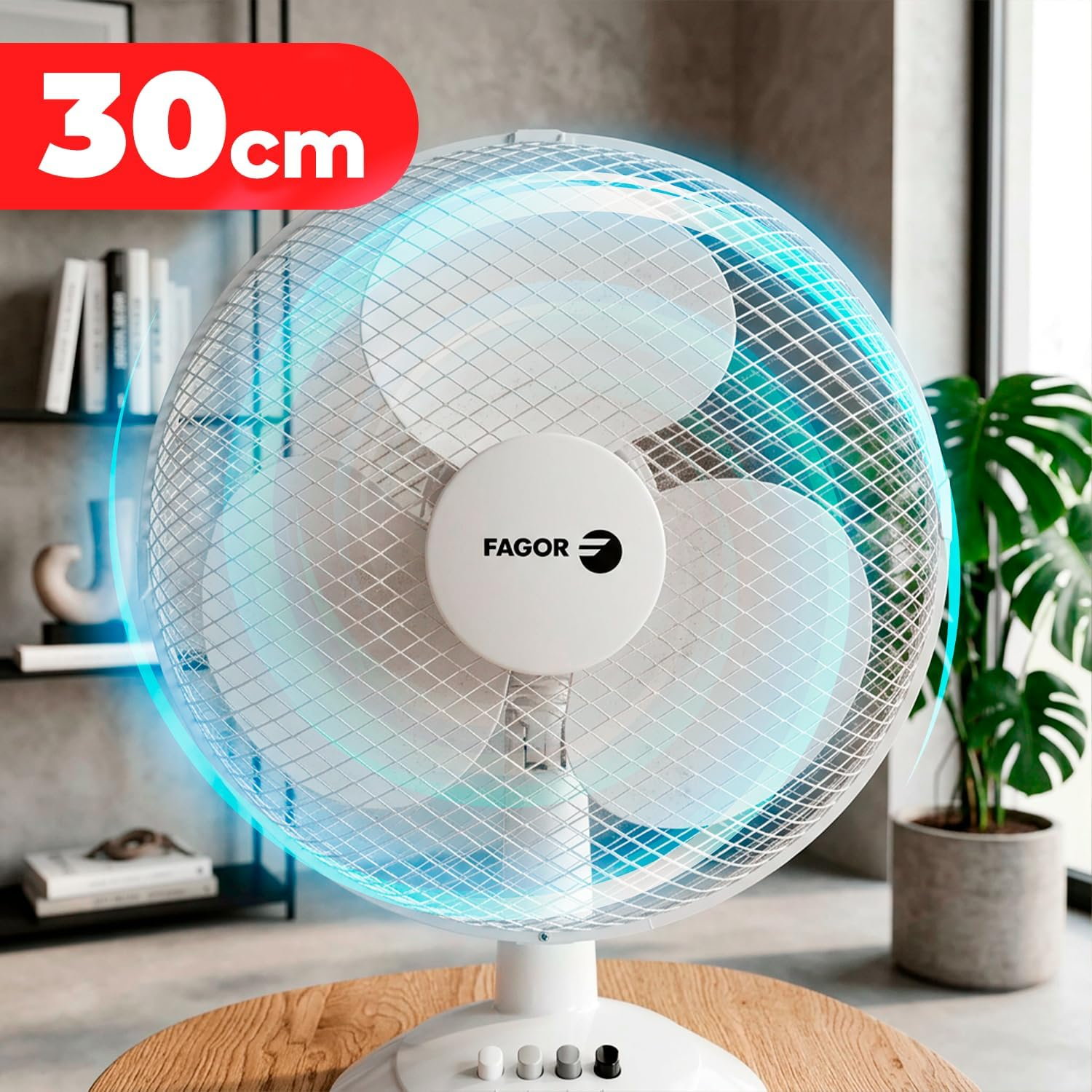 Un ventilador blanco de 30 cm está sobre una mesa de madera. Luces azules lo rodean.